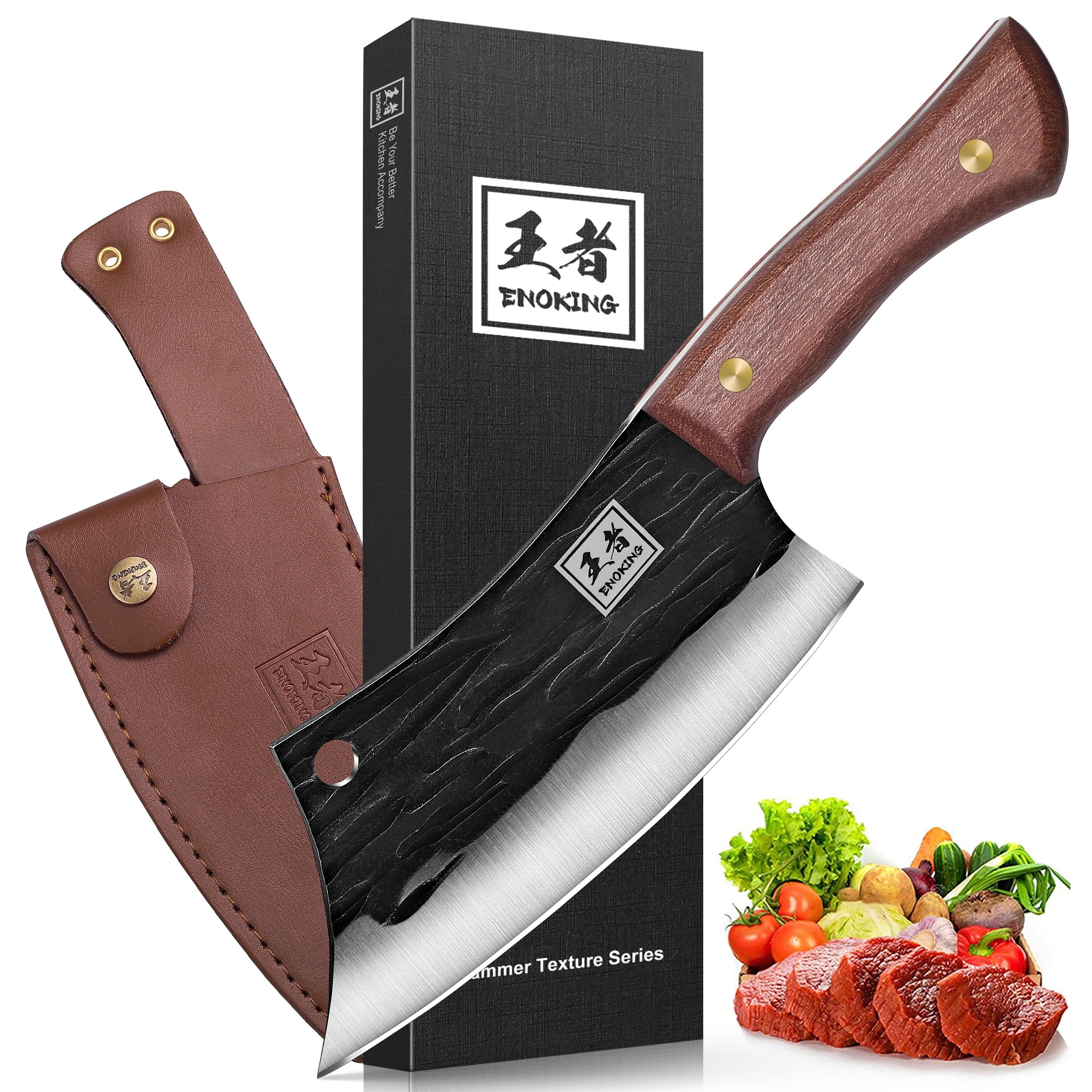 

1pc, Meat Cleaver Knife, Hand Forged Chef Knife, High Carbon Steel Kitchen Butcher Knife With Full Tang Handle, Leather Sheath, Chopping Knife For Kitchen, Camping, Bbq (6.3 In)