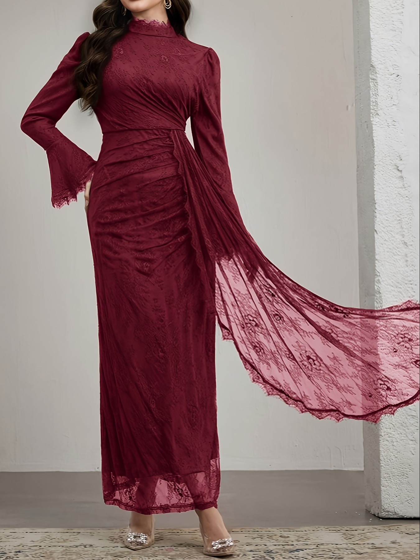 elegant long sleeve lace dress with ruffle neckline and belted waist stand collar long length suitable for     Product details 5
