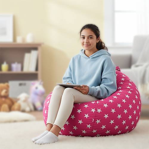 single piece of bean bag chair pink with white stars measuring 16 32 inches velvet floor lounger serves as a storage organizer for stuffed animals its designed for kids playrooms and features a handle note that
