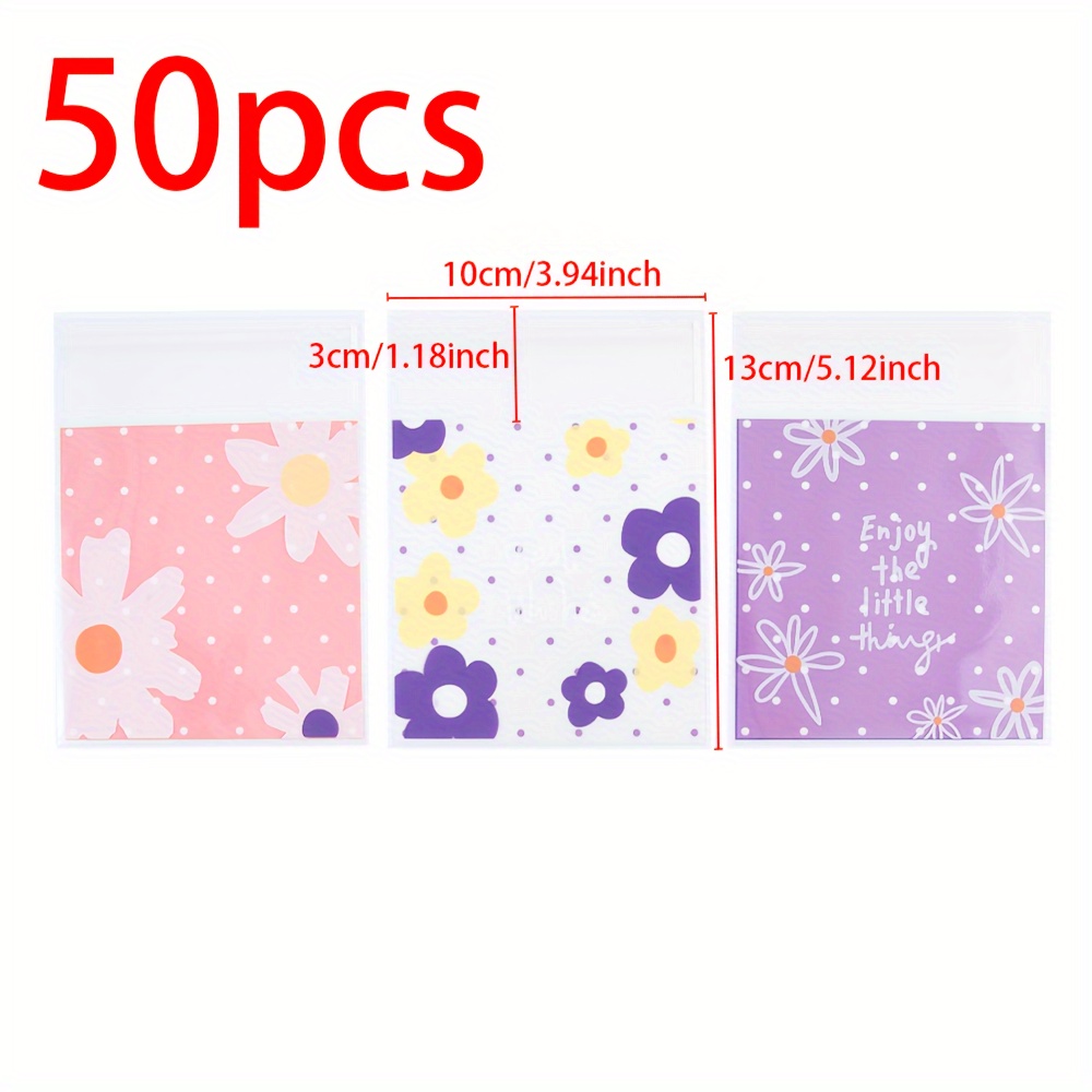 TEMU 50 Sachets Auto-Adhésifs avec 3 Floraux, Sacs en Plastique OPP Transparents pour Présenter Bijoux et Emballage de Pâtisseries Faites Maison