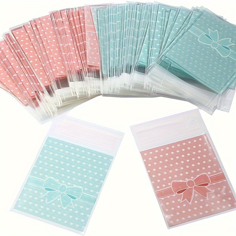 

100pcs Self-adhesive Cellophane Bags, Resealable Treat Bags For Gifts, Pp Material, 3.15" X 3.74" Multi-purpose Poly Bags With Polka Dots And Bow, Ideal For Bakery, Candy, Soap, Candle - Pink/blue