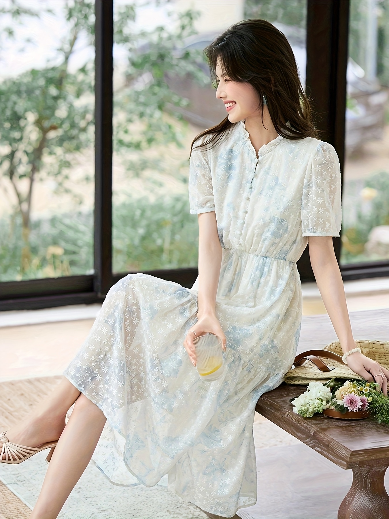 french elegant floral midi dress French elegant black and white flower lace-up dress female sexy side s –  Lee Nhi Boutique