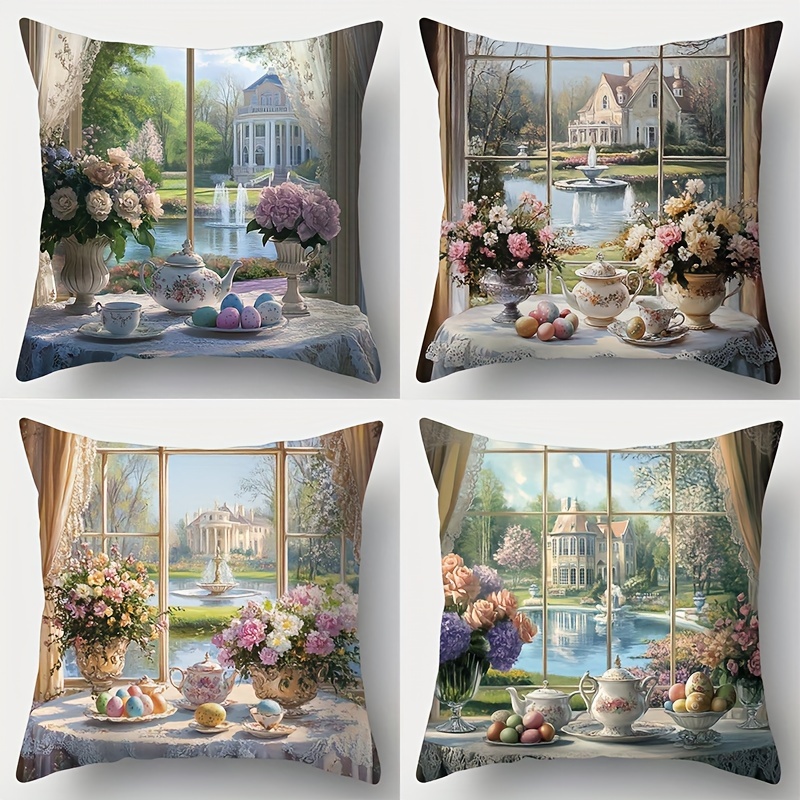 

4pcs Beautiful Window Scenery Printed Throw Pillowcases, Home Decoration, Room Decoration, Bedroom Decoration, Living Room Decoration, Sofa Decoration (pillow Insert Not Included).