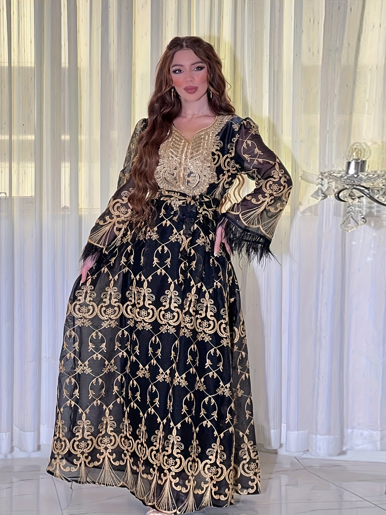 arabian dubai womens elegant golden jalabiya robe middle - Temu Canada