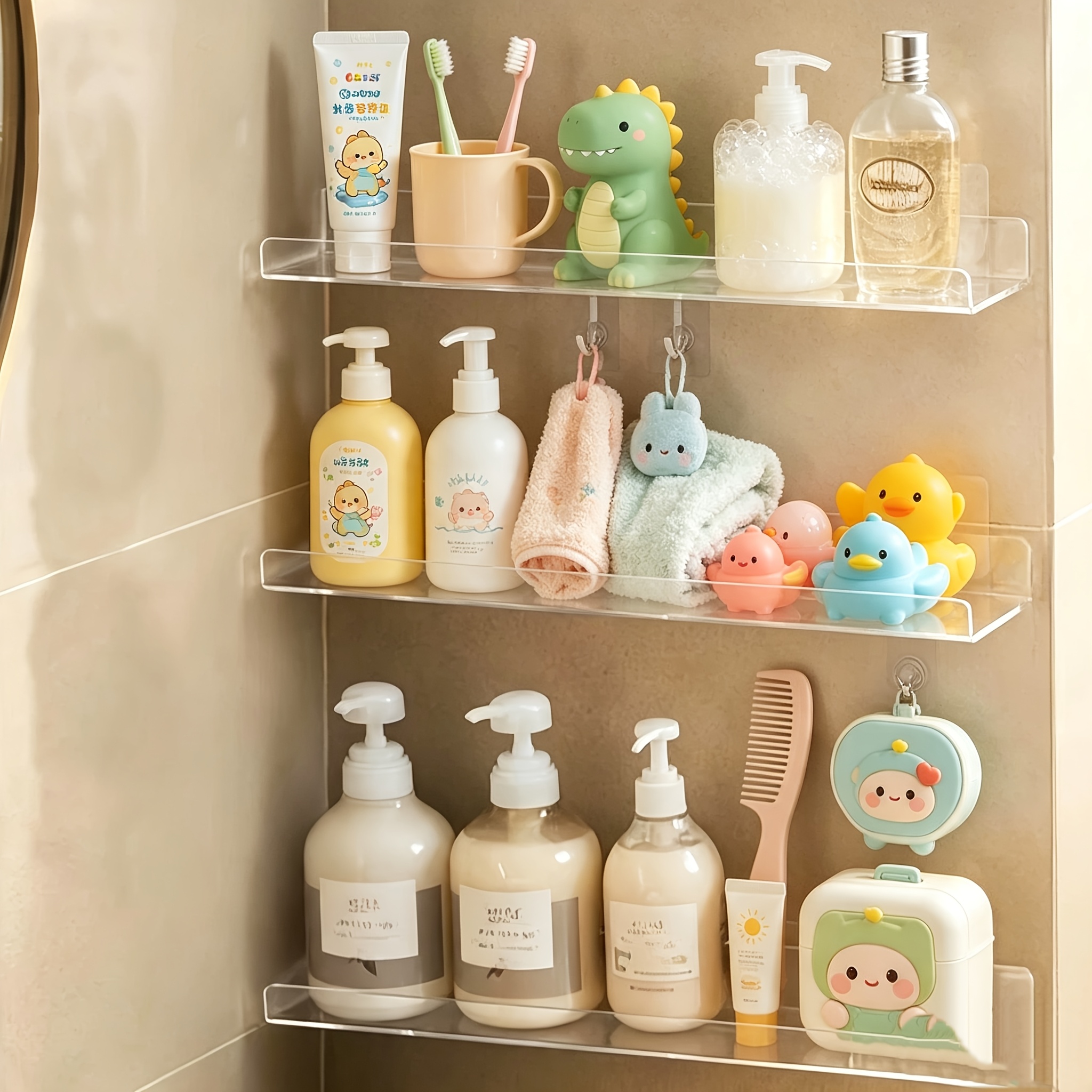 TEMU 3pcs Set Of Punch-free Modern Acrylic Floating Shelves (with Mirrored Design) - Space-saving Bathroom Storage Rack, Layered Partitions Suitable