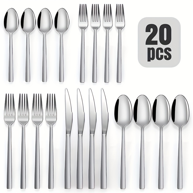 

Silver Stainless Steel Cutlery Set, 20 Piece Set Perfect For A 4 Person Table. Includes Forks, Spoons And Knives With A Finish, Easy To Clean And Dishwasher Safe.