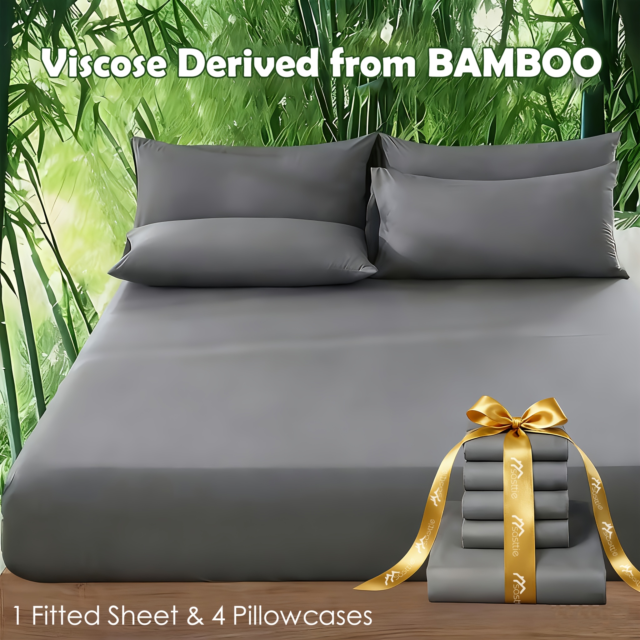 TEMU 5pcs Bamboo Bed Sheet Set - Cooling, Wrinkle & Shrink Resistant - -hotel Quality Bedding - Includes 1 Fitted Sheet, 4 Pillowcases -16" Deep