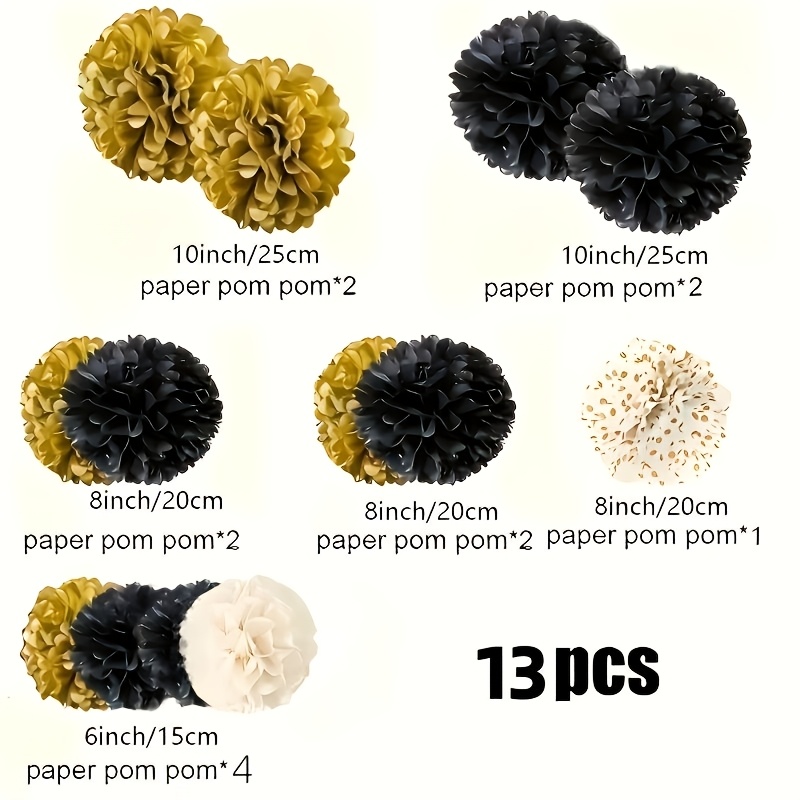 Set Of 13 Polka Dot Paper Pompoms In Black, Golden & Beige - Suitable For Weddings, Birthdays, Bridal Showers And Graduations, More Suitable For Sophisticated Parties And Wedding Decorations.