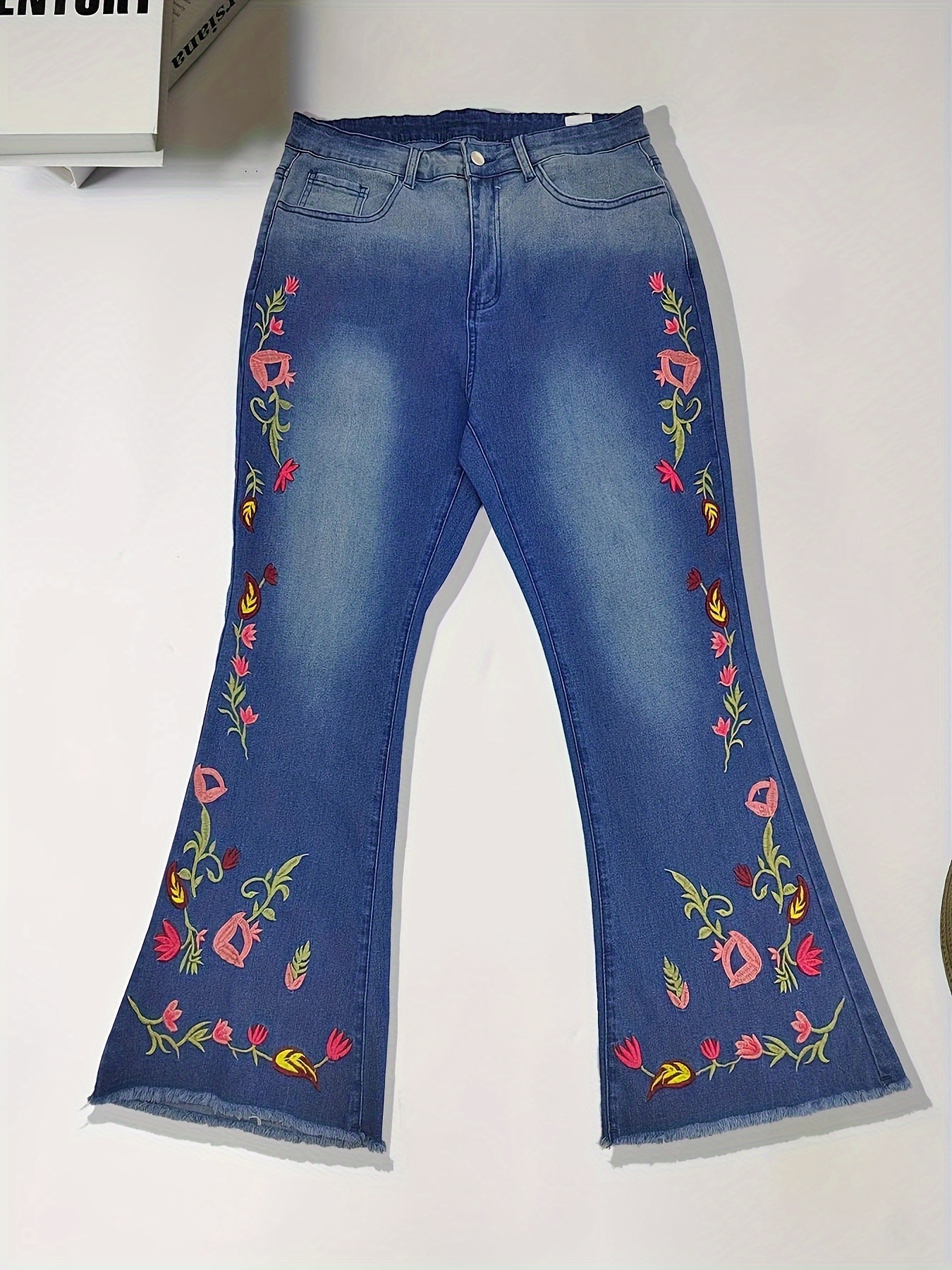 Floral Embroidery Stretchy Flare Leg Jeans Medium Washed - Temu Mexico