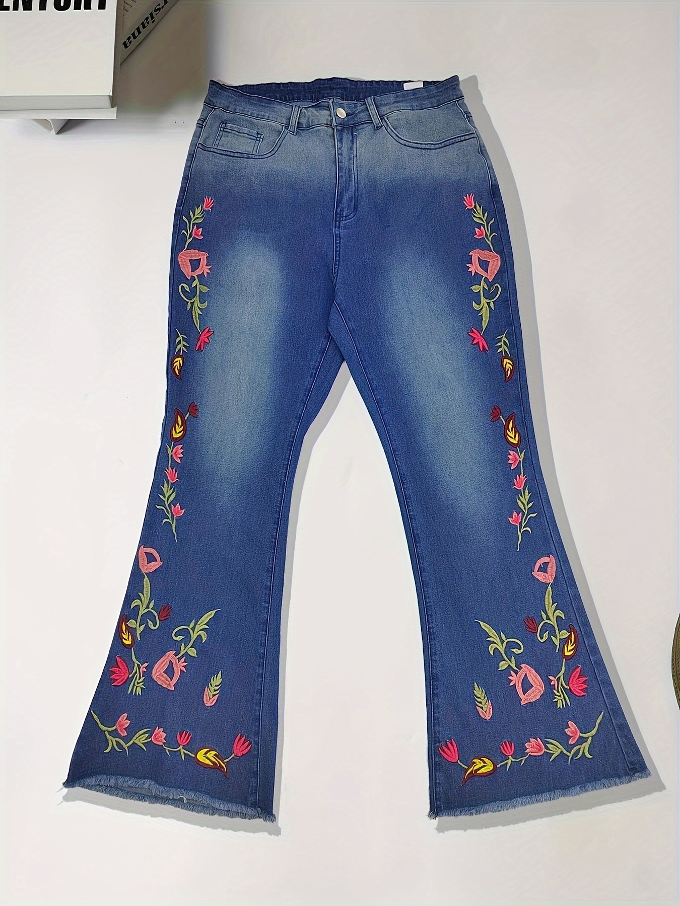 Floral Embroidery Stretchy Flare Leg Jeans Medium Washed - Temu Canada