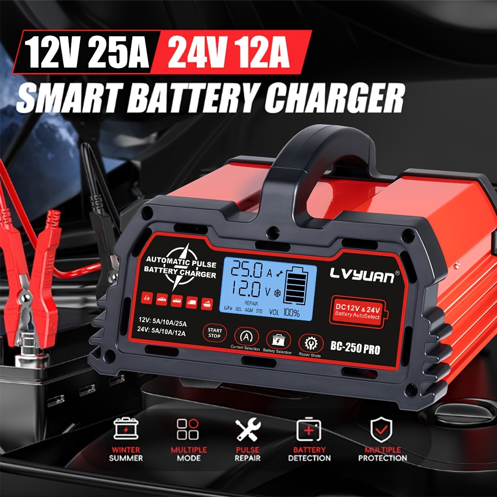 TEMU 12v/24v 25a Car Battery Charger Heavy Duty, 0-25a Automatic Battery Maintainer With Auto Shutoffs, Repair, Winter Mode, High/low Power Smart
