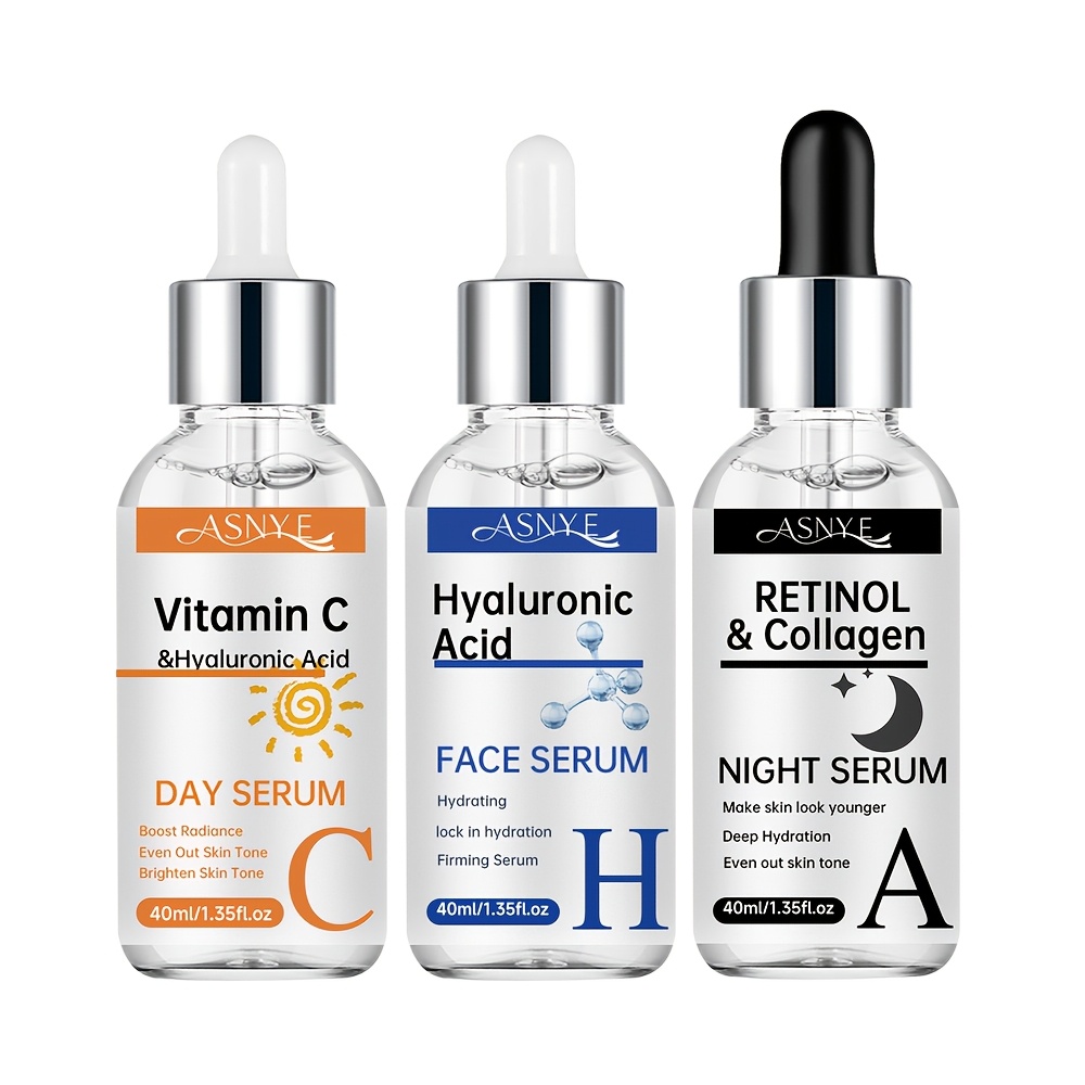 Image of Asnyh 3pcs Vitamin C And Retinol Set. Contains Hyaluronic Acid, Collagen, Aloe, And Niacinamide. Brightens, , And Hydrates. Lightweight, Gentle For Tones. 60ml/. Travel-friendly Holiday Gift Set