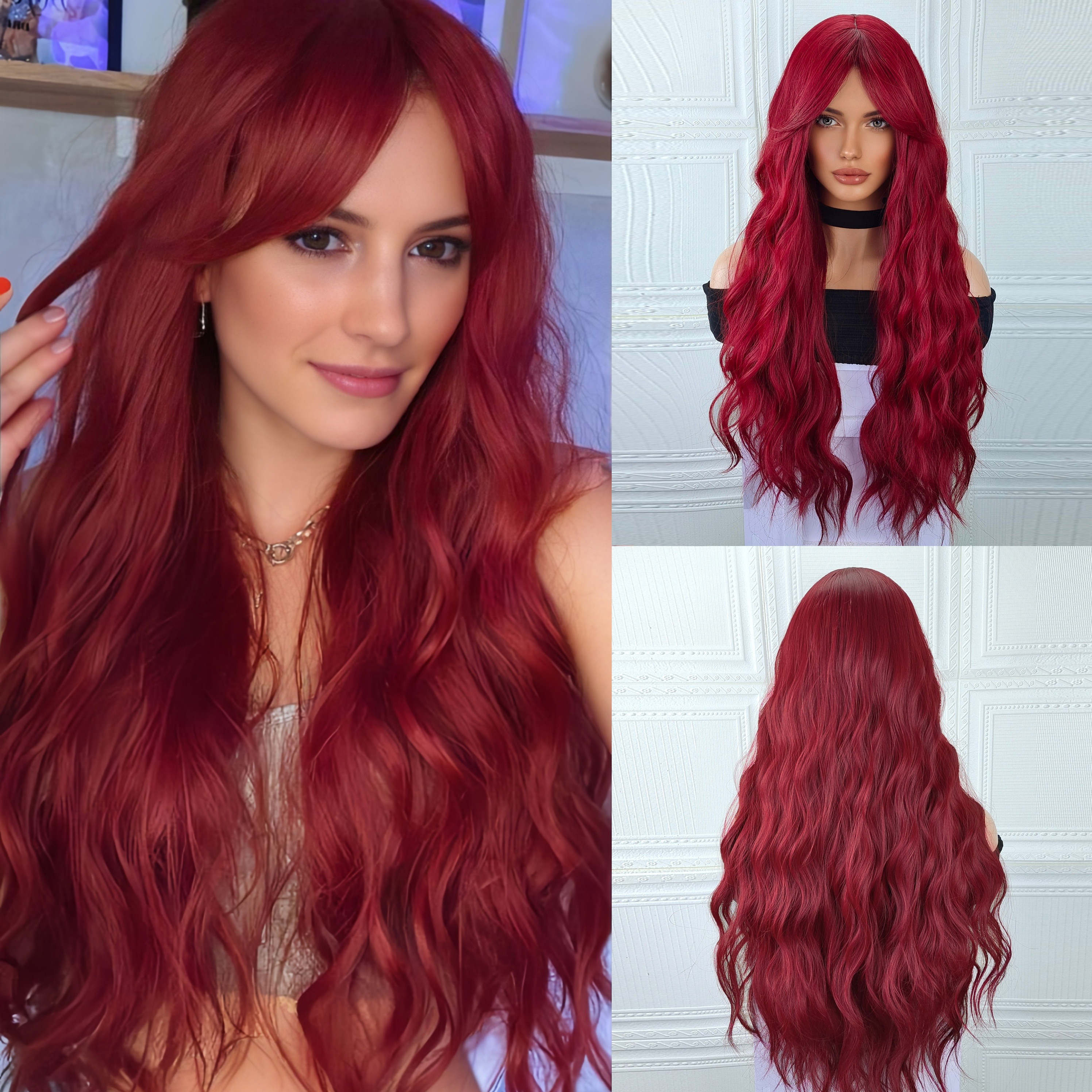 

Long Wavy Red Synthetic Wig With Bangs For Women - 30 Inches Heat-resistant, Rose Red Synthetic Wig For Party