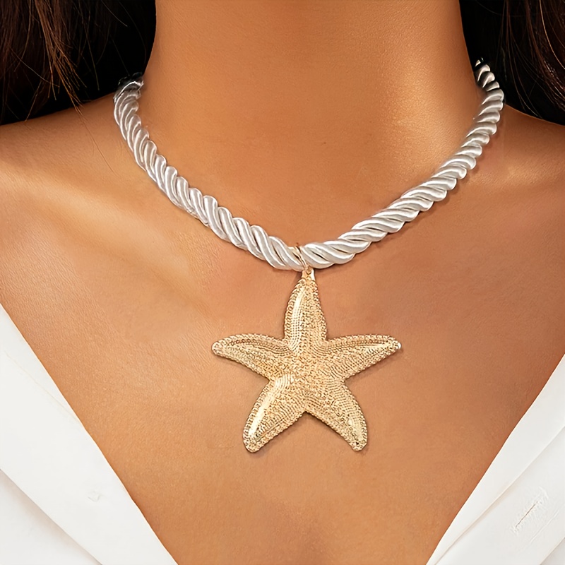 

1 Pc, Twisted Rope Chain Necklace With Golden Starfish Pendant, Beach Holiday Inspired Fashion Jewelry, Elegant Nautical Style, Vintage Look