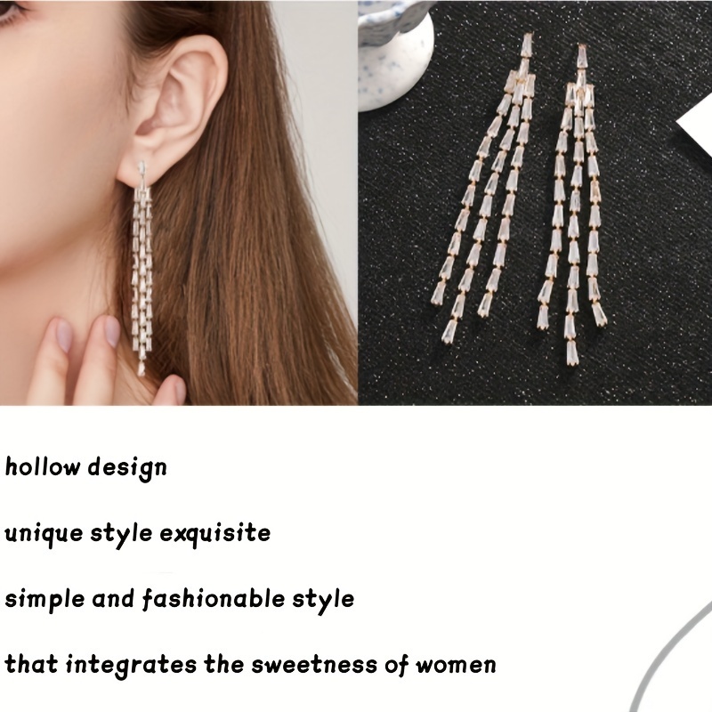 synthetic zirconia embedded exaggerated atmosphere high sensitive earrings wedding dinner dress matching earrings square chain long length flush sue earrings details 0