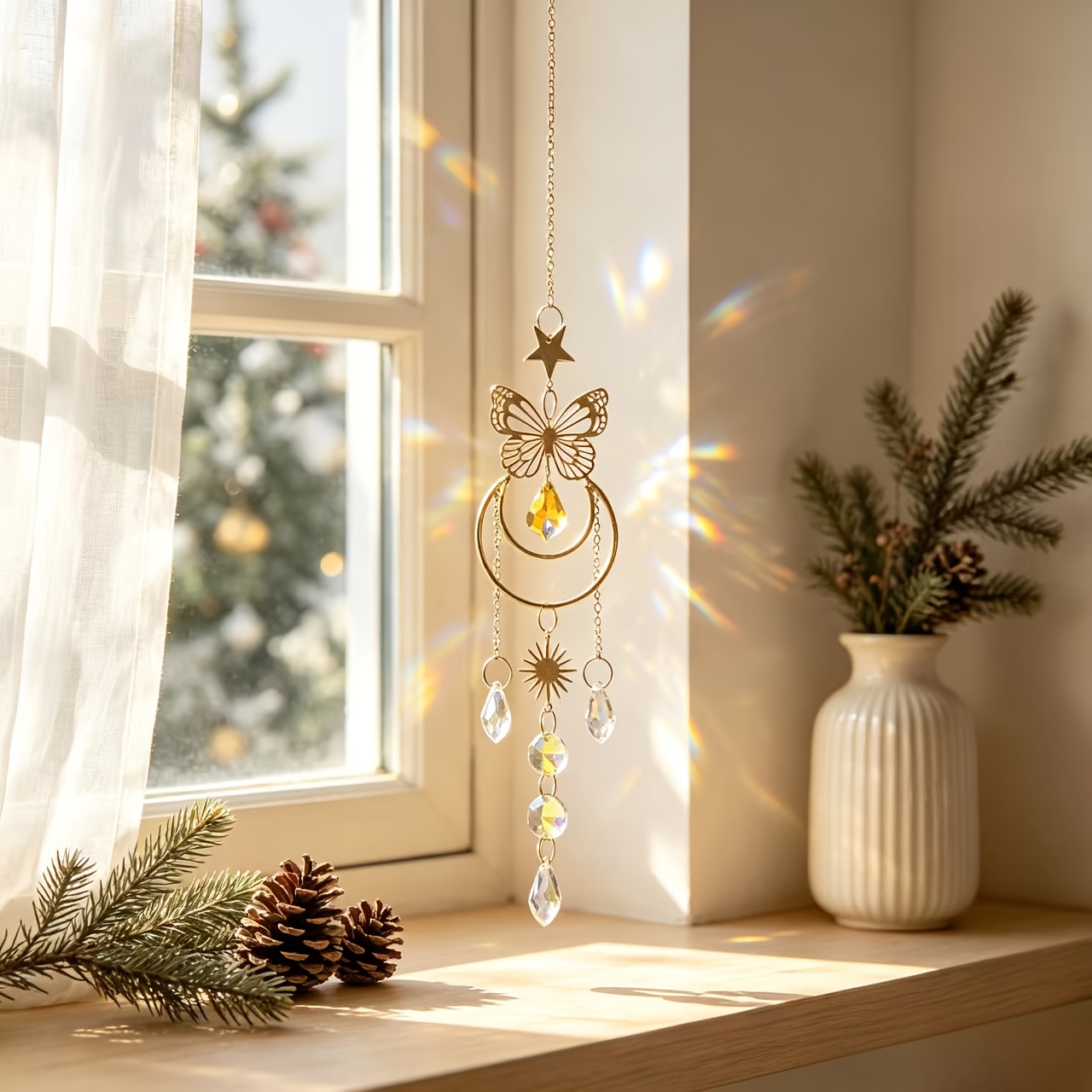 TEMU 1pc -themed Suncatcher Hanging Ornament, Delicate Hollow Metal With Shiny Crystal Beads. Versatile Decorative Pendant For Home Windows, Garden