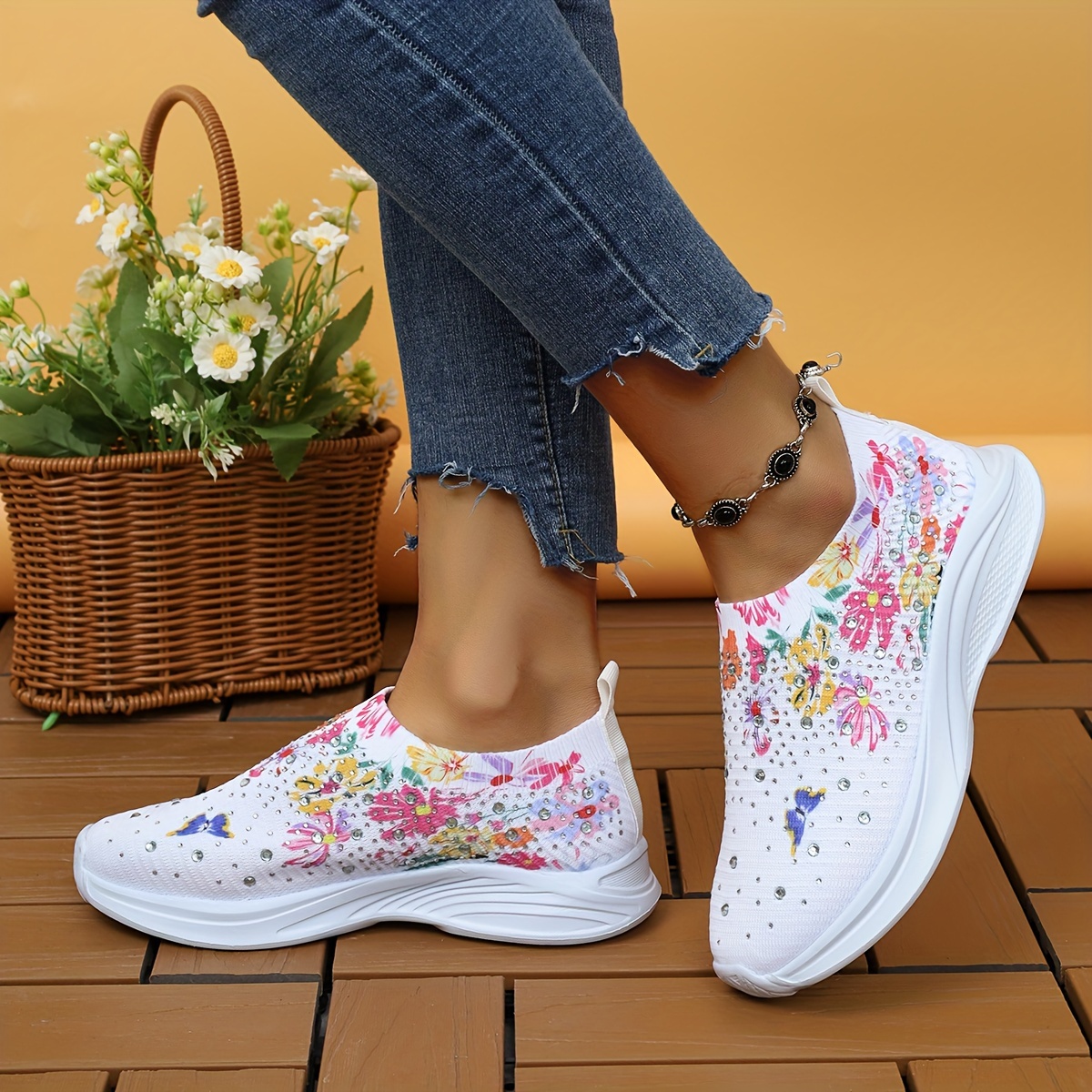 

Women's Walking Shoes, Floral Slip-on Breathable Sneakers, Comfortable Camping Shoes, Casual Outdoor Stylish Rhinestone Low-top Sneakers, Eye-catching Butterfly Print