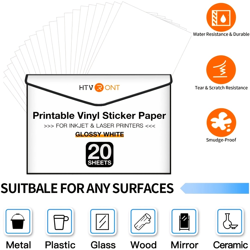TEMU Premium Printable Vinyl Sticker Paper, 20 Sheets Matte/glossy Waterproof Sticker Paper For Inkjet Printer Dries Quickly-standard Letter Size