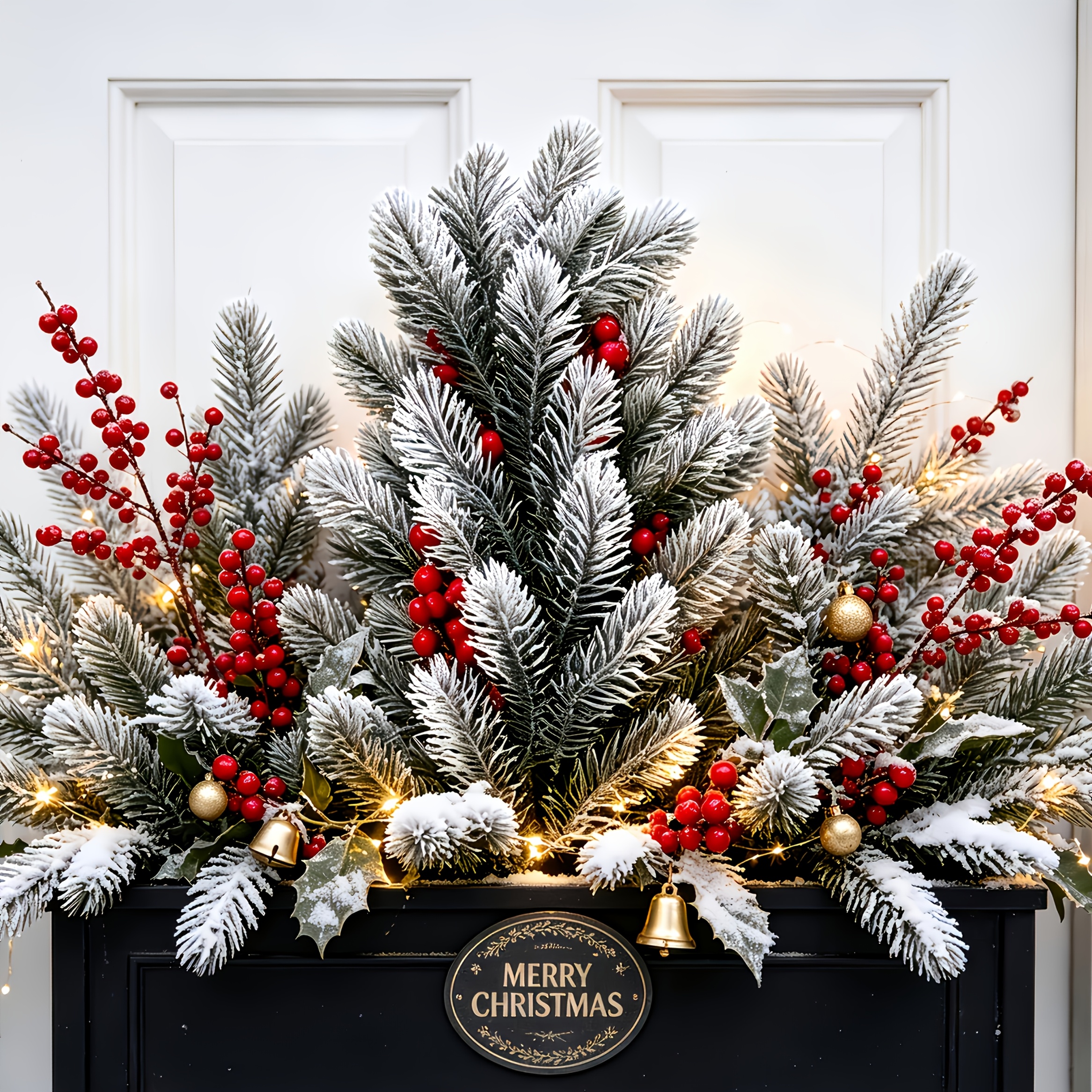2 sets of extra large outdoor artificial christmas fir plants with ground stakes and red berries dense green needles covered in white snow realistic and full uv resistant   plants suitable for front doors   fireplaces christmas trees