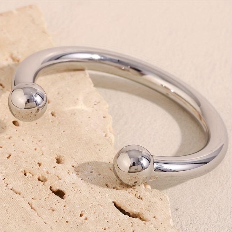 TEMU 1pc Stainless Steel Minimalist Polished Hoop Bracelet With 2 Spherical Beads - Unisex Jewelry For, Everyday & Party Wear, Versatile Accessory, Versatile Jewelry Modern Jewelry 