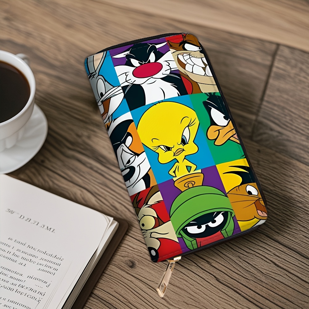 TEMU 1pc Looney Dual-sided Wallet - Compact Lightweight Pvc With Zipper Closure, Colorful Cartoon Characters (bugs Bunny, Duck, Tweety), Multiple
