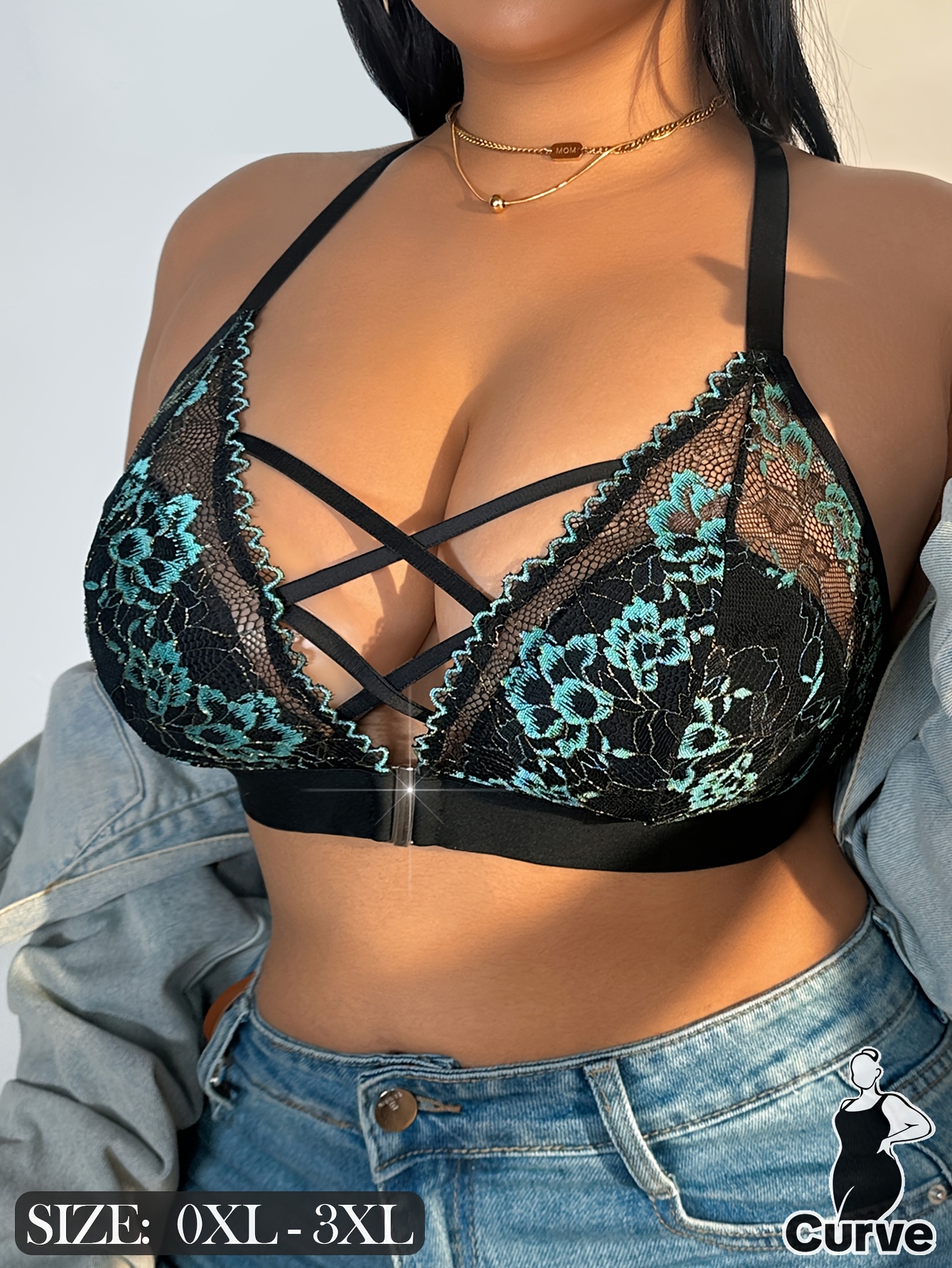 Plus Size Lace Wireless Bra - Sexy Floral Lace Front-Closure Bra, Cross Strap Design, Spring Summer Thin Women'S Lingerie, Suitable for Daily Wear And Special Occasions