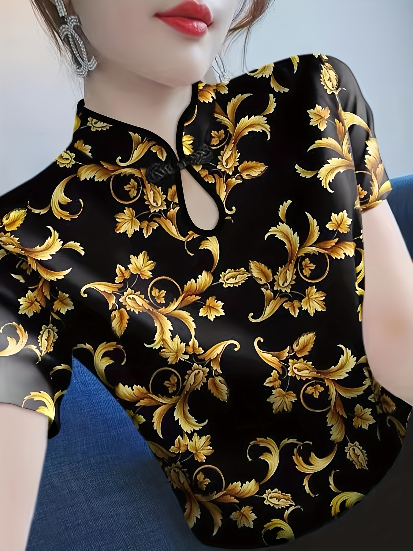 new chinese style   cheongsam collar top womens black background golden scroll print     button short sleeved t shirt