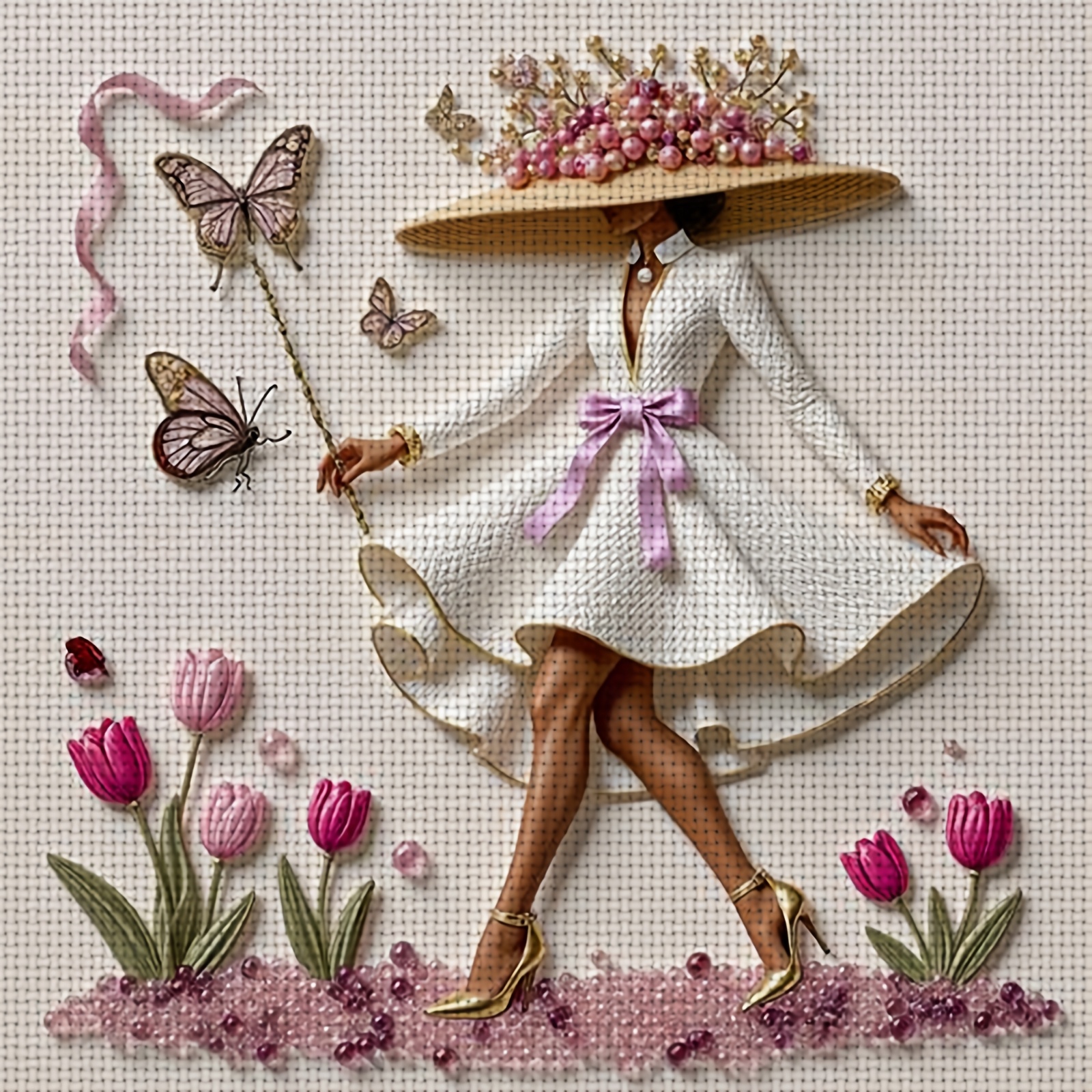 Cross Stitch Printed Kit, Frameless, "White Dress with Pink Flowers" Pattern
