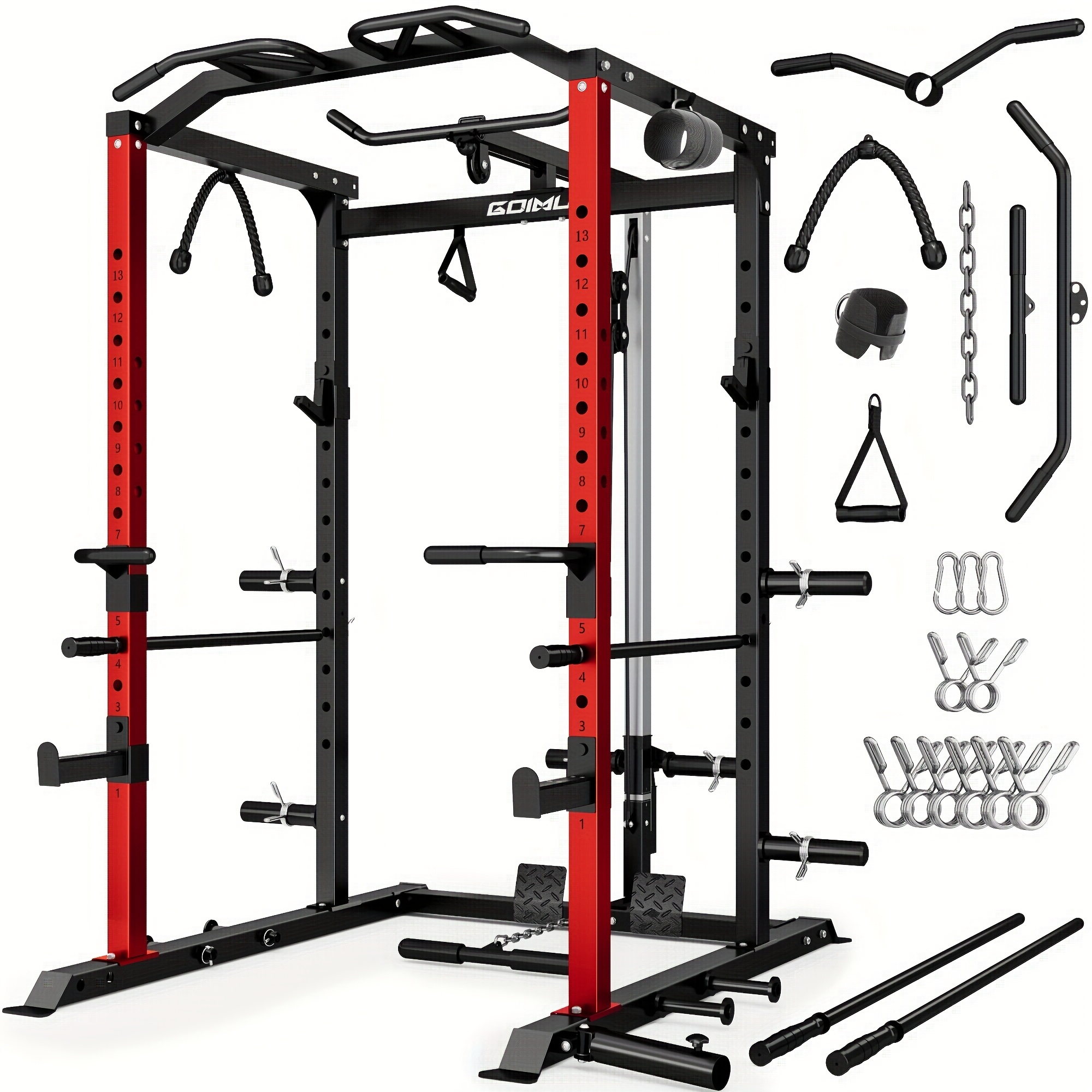 mitonos c1 v4   2000lbs squat rack with lat pulldown multi function weight training machine for home   adjustable squat rack pull up bars dip bars bench press supports cable   red black strength training gear workout customization durable  