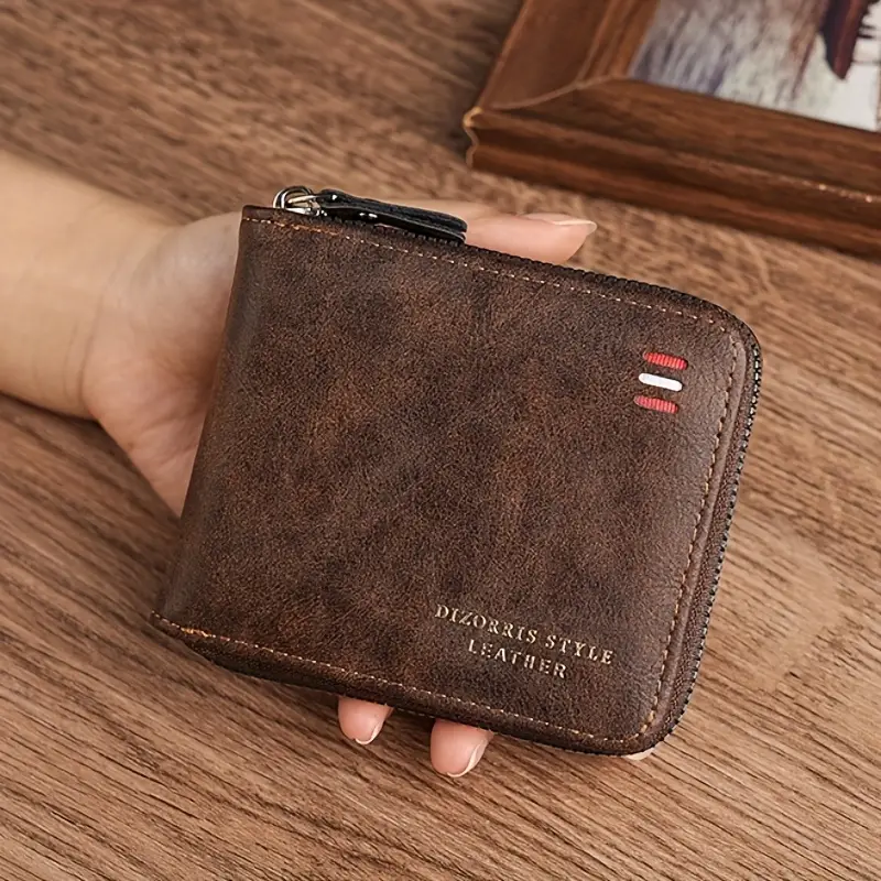 vintage style mens wallet with zipper multifunctional large capacity imitation leather birthday gift holiday gift details 0