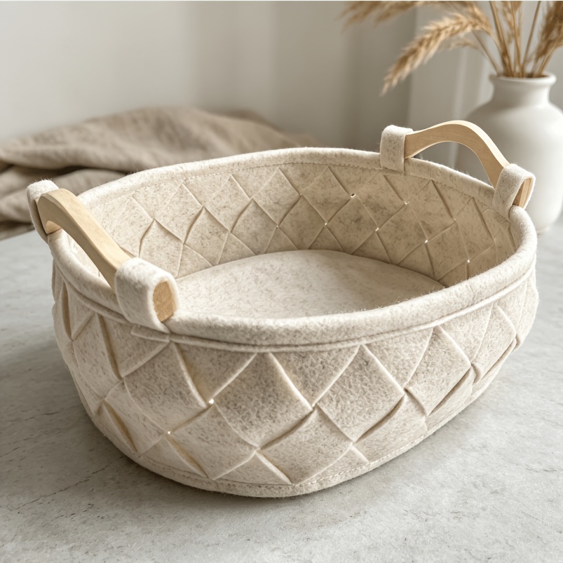 TEMU Panier de Rangement Boho en Feutre avec Poignées en Bois, Organisateur Polyvalent, Bac en Feutre pour Salon et Décoration d'Intérieur, Paniers à
