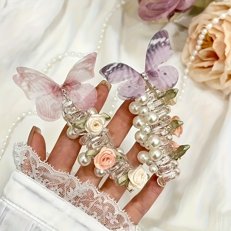 E-shop 2er-Pack Blumen-Schmetterling Haarbänder – Elegante Spiralspangen mit Schleifenverzierung, Rosa Lavendel & Kastanienbraun, Frisurenaccessoires