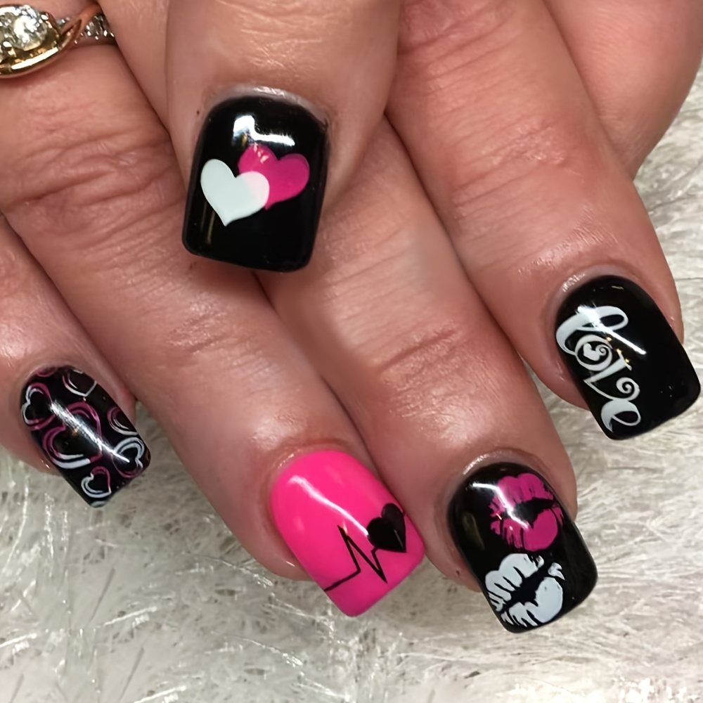 

24pcs Valentine's Day Nail Set, Black & Short Press-on Nails With Heart & , , Removable False Nails With Jelly Glue & File Sticks Included