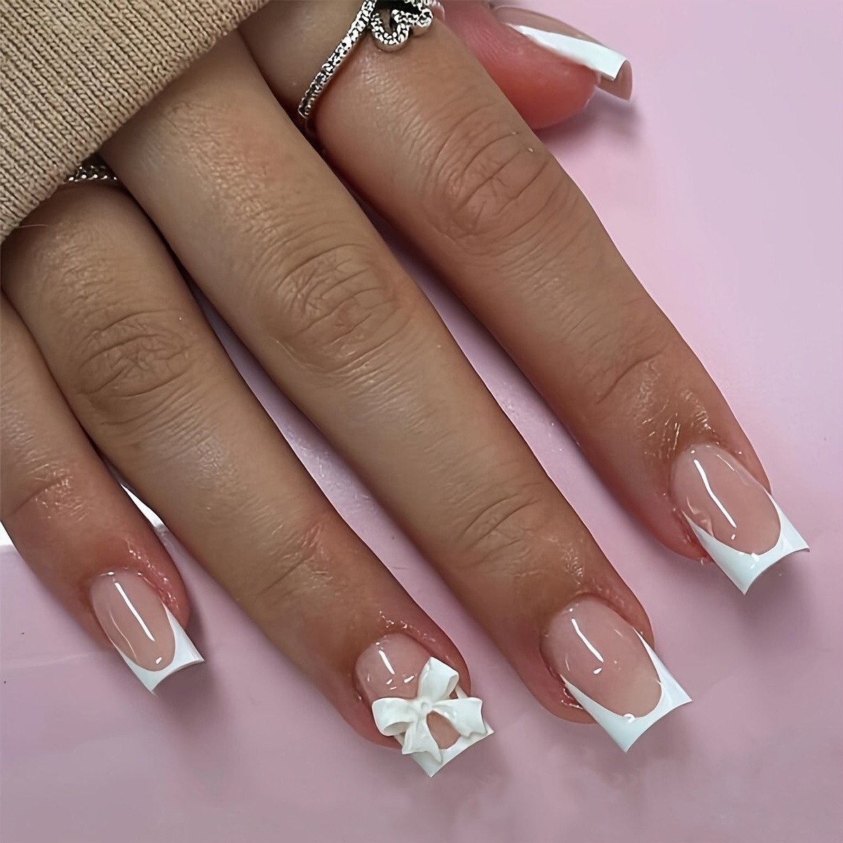 

24pcs French Tip Press-on Nails Set With 3d Bow Accents - Nude & White, Short Square Shape, Includes Jelly Adhesive & Nail File