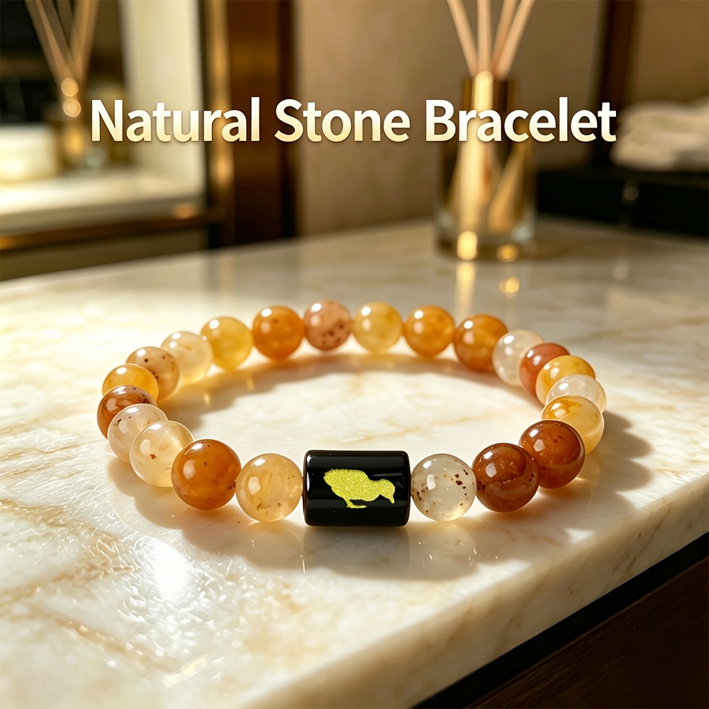 Women's Natural Pink Agate Stone Bracelet with Golden Chick Beads