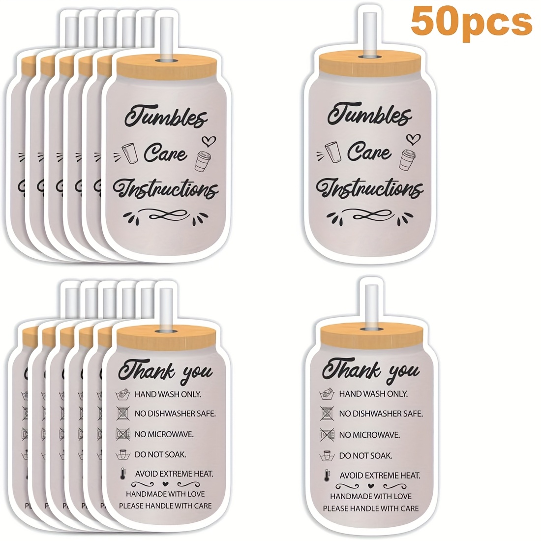 

50pcs Tumbler Care Instructions Cards, Hand Wash Only Thank You Labels For Small Businesses, Cup Packaging Inserts For Online Stores And Retail