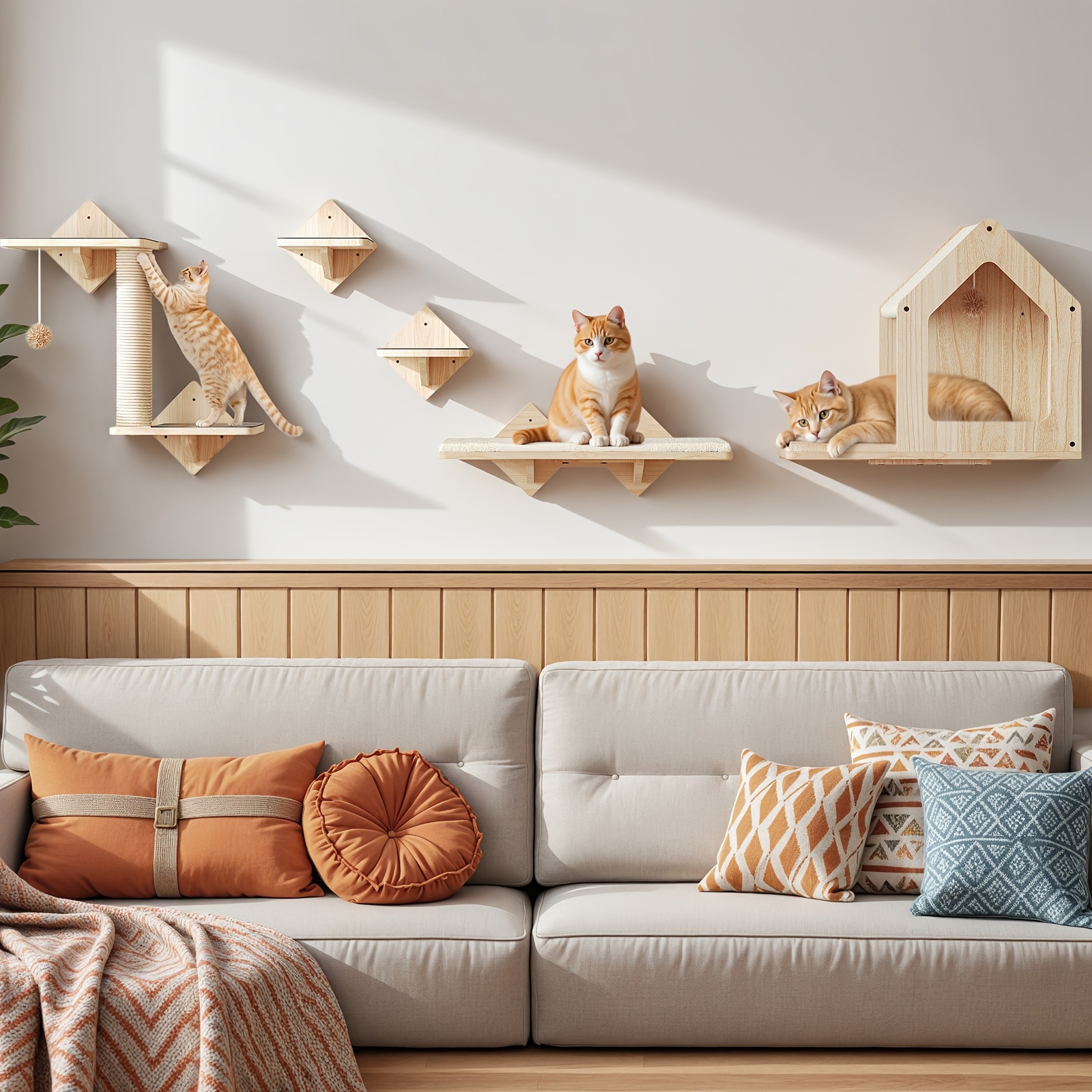 Image of Wooden Wall-mounted Cat Tree, Floating Cat Wall Furniture, With Cat House, Scratching Post, Perch And Interactive Toys, Indoor Vertical Cat Wall