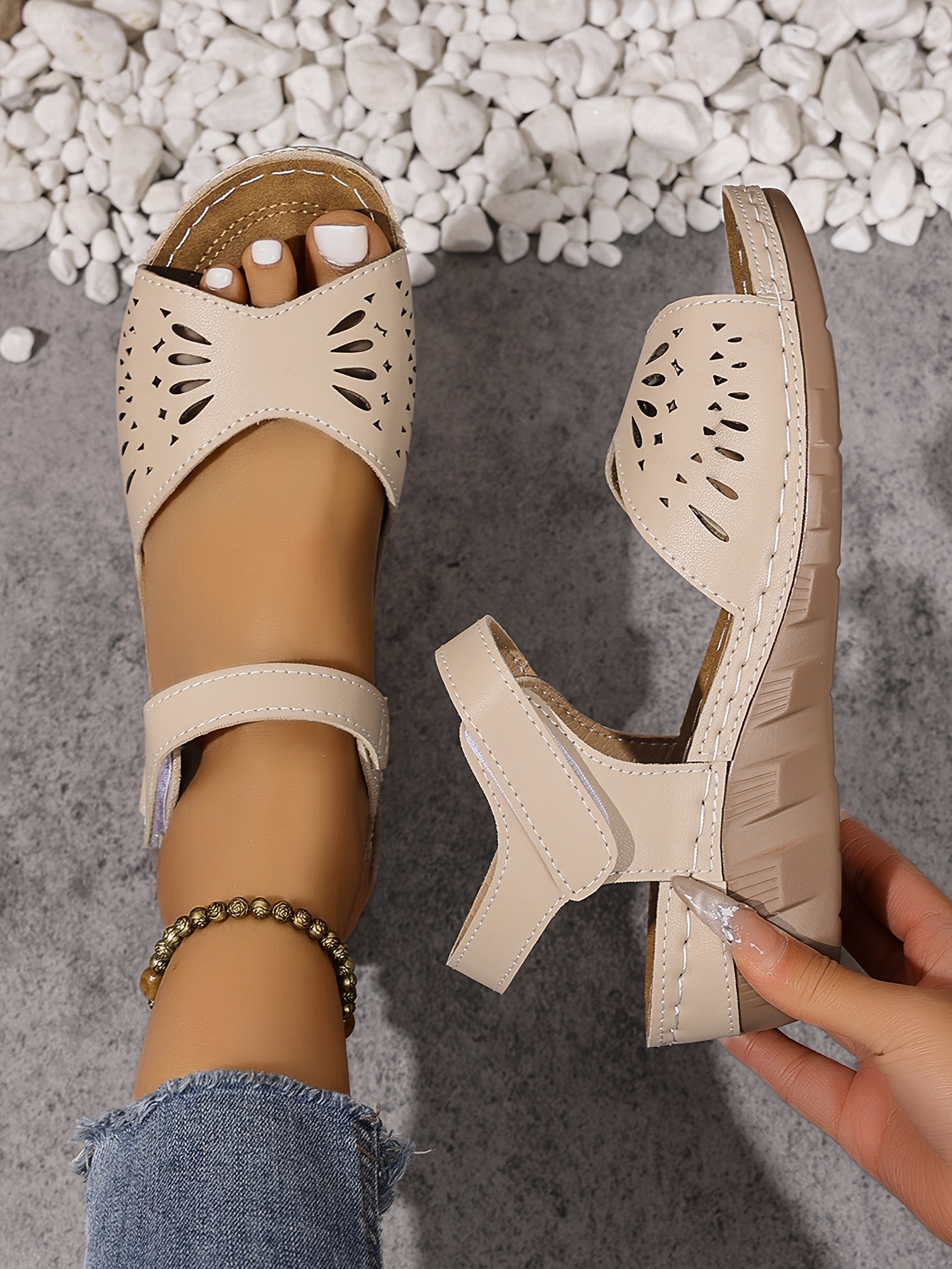 womens adjustable hook and loop sandals lightweight wedge heel open toe summer   with breathable cut out design black synthetic cover for casual formal wear strappy sandals comfortable footwear durable footwear Product details 34