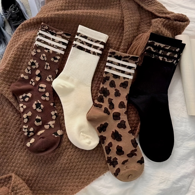 

4-pack Women' Mid-calf Socks, With Polyester & Spandex, Striped Pattern, Knit Fabric, Comfortable Soft Sports Socks