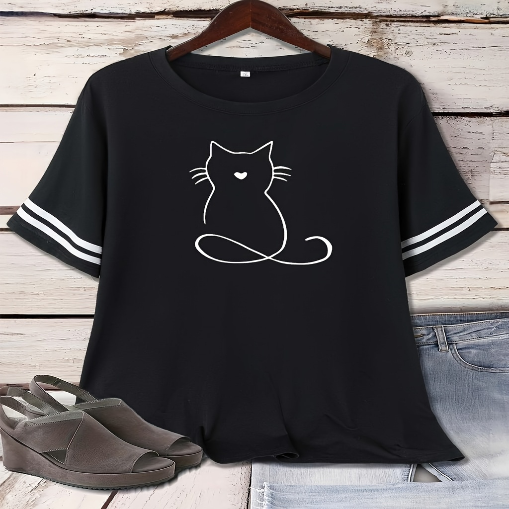 

T-Shirt Grande Taille à Imprimé Chat Cartoon, Col Rond Décontracté à Manches Courtes et Rayé, Tissu en de Polyester avec Élasthanne, 180-1.0g/m², pour Toutes les , Chemise Chat