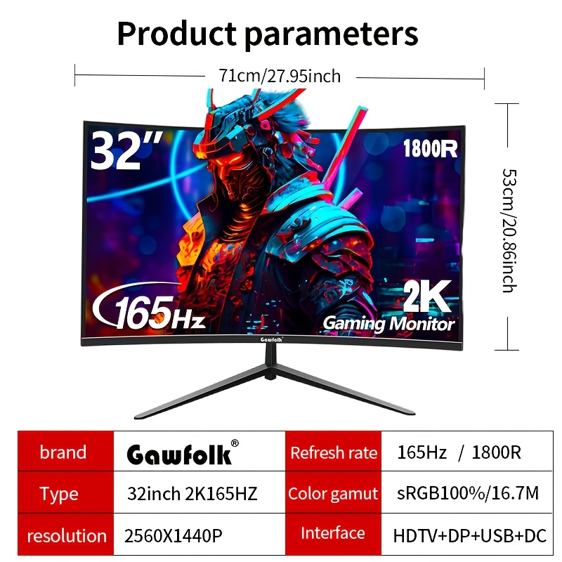 TEMU Gawfolk 32-inch Curved Computer Monitor, 2k 165hz No Speakers, 1800r 1ms, Freesync, 100% Srgb, 178° , Hdtv2.1, Displayport, Compatible With 75 * 75mm Wall Mount - Black