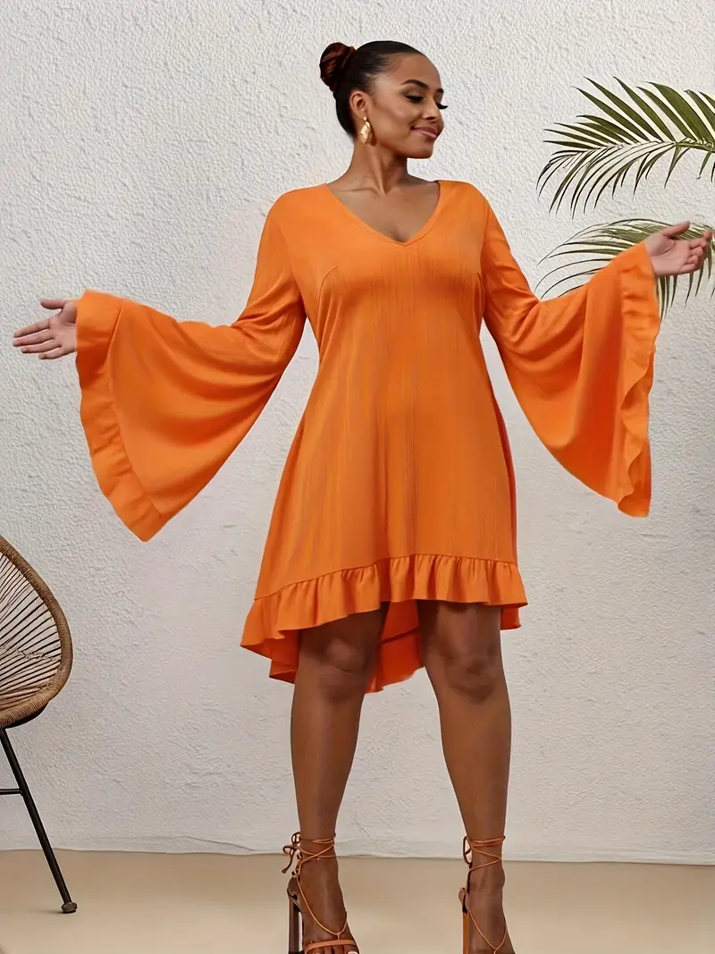 plus size plus size long sleeve flared hem dress ruffle - Temu plus size plus size long sleeve flared hem dress ruffle - Temu