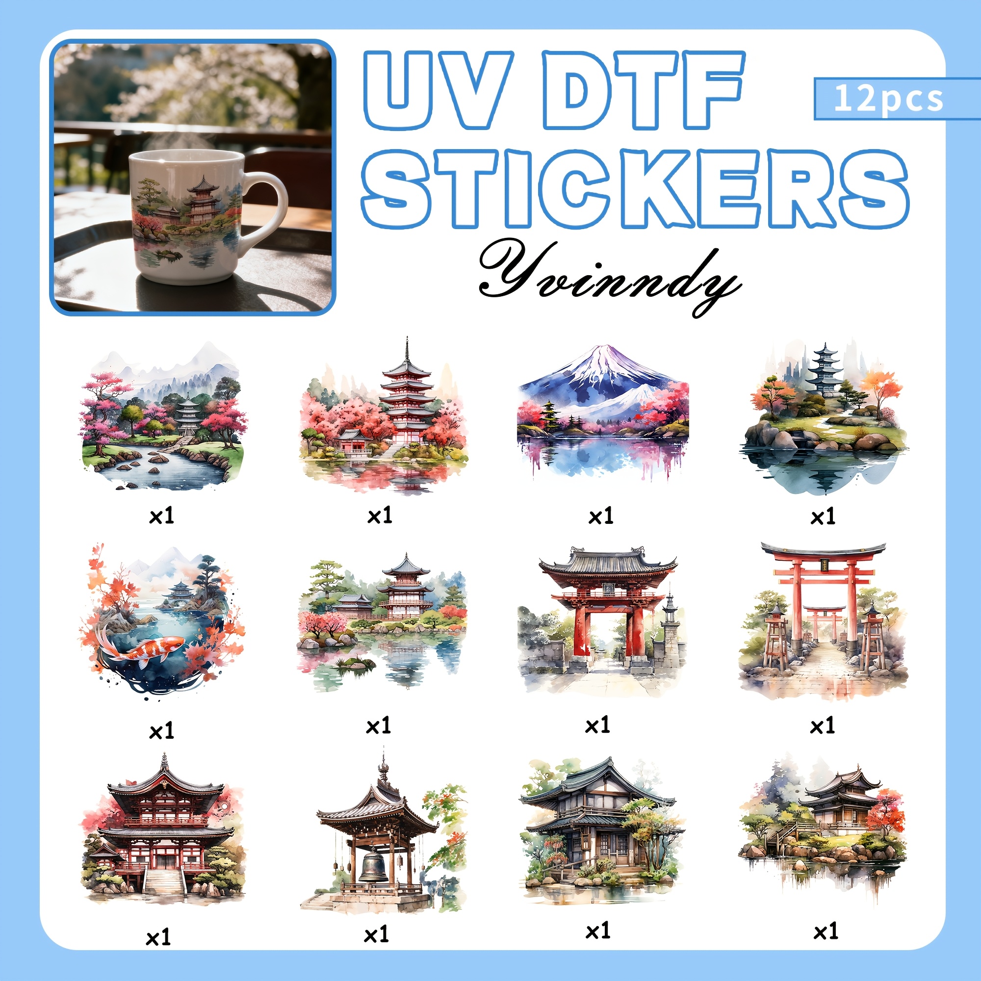 TEMU 12 pièces/Set d'autocollants illustrés aquarelle style japonais architecture & paysage, papier transfert DIY pour bocaux en verre, autocollants