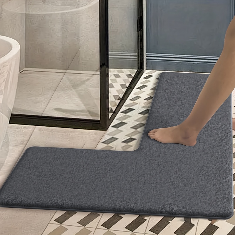 luxurious dark blue flannel bath mat absorbent non slip l shaped shower door mat for bathroom safety soft and plush texture   modern bathrooms bathroom mat Product details 1