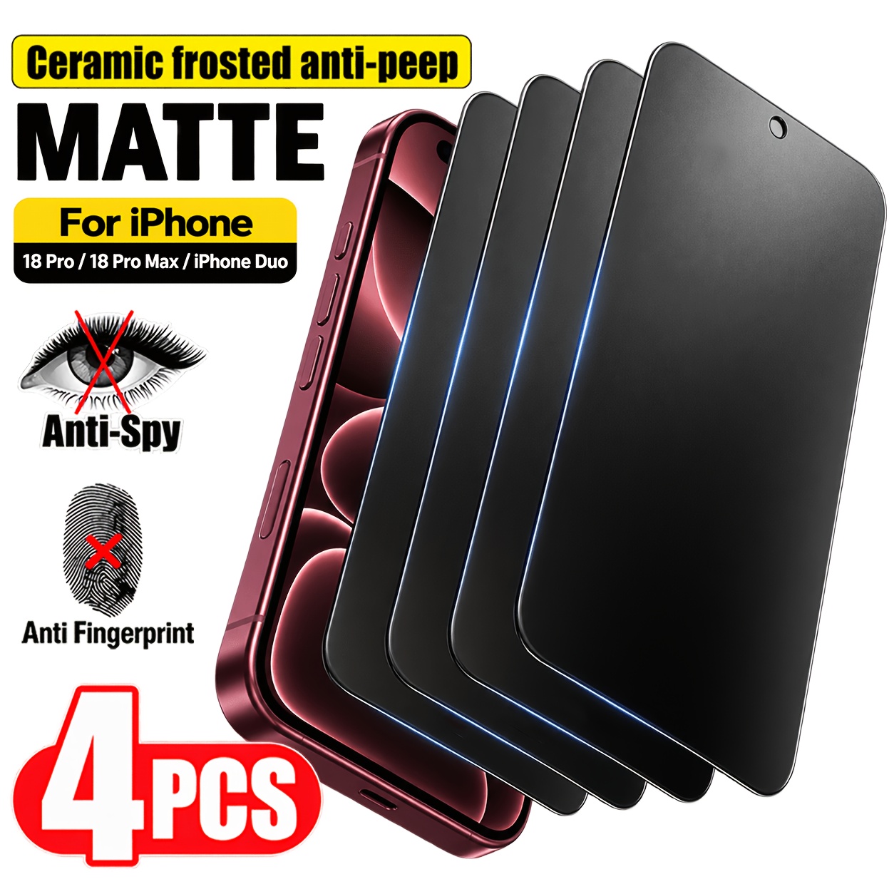 TEMU Lot de 4 protections d'écran -espion pour iPhone 18 Pro / 18 Pro Max / iPhone Duo, film de confidentialité en céramique souple, -, -empreintes