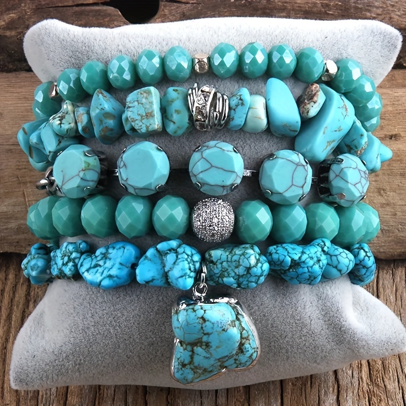 

5pcs Beaded Turquoise Bracelet Set, Stackable Handmade Crystal And Turquoise Stretch Bracelets, For Daily And Vacation Wear-bohemian Elegant Style Suitable For Women Stackable