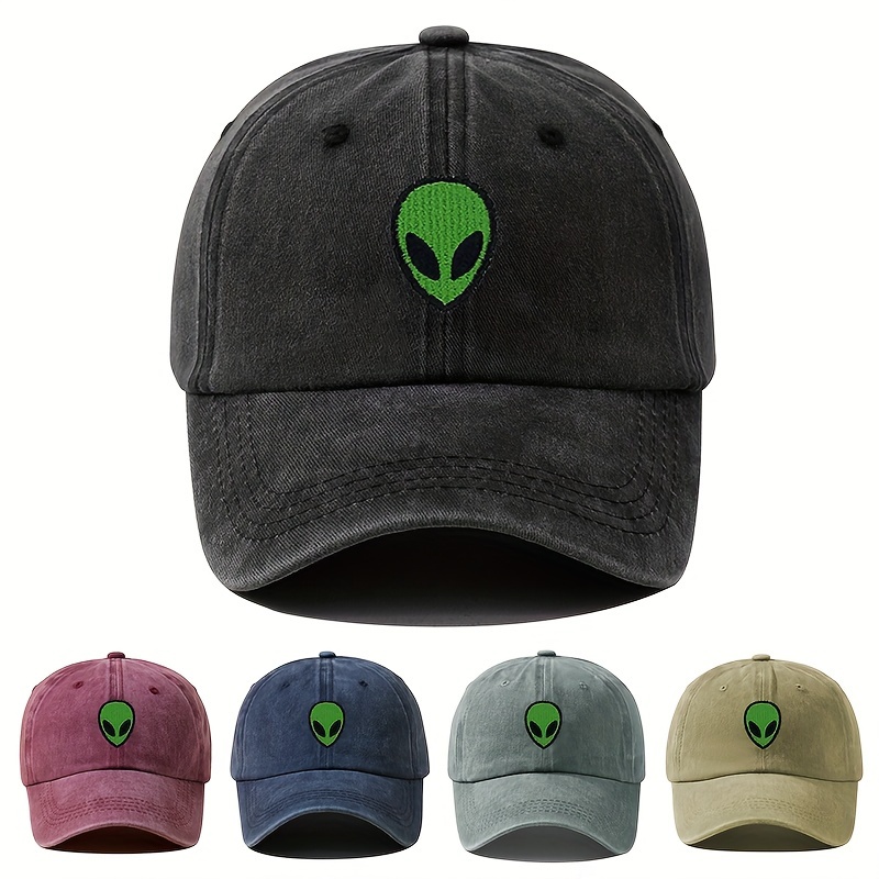 

Cool Hippie Curved Brim Baseball Cap, Embroidery Green Alien Head Distressed Trucker Hat, Snapback Hat For Casual Leisure Outdoor Sports