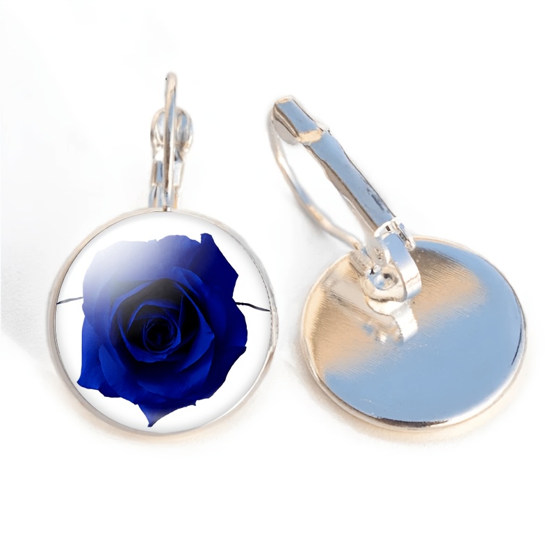 2pc Exquisite White Round Glass Inlaid Earrings with Blue Rose Petal Design