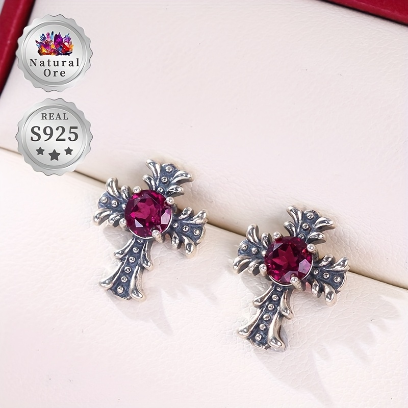 Women's S925 Silver Earrings with Red Garnet, Gothic Cross Design