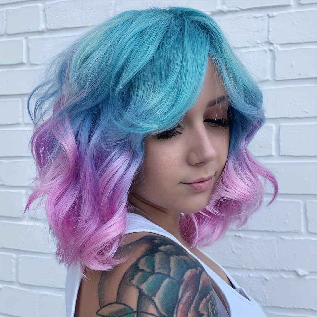 New wig Pink Purple ombre bob wave beach bangs long shoulder short neon Purple Pink Splash Dark Root Ombre Side Part Wavy Bob Wig  main image 4